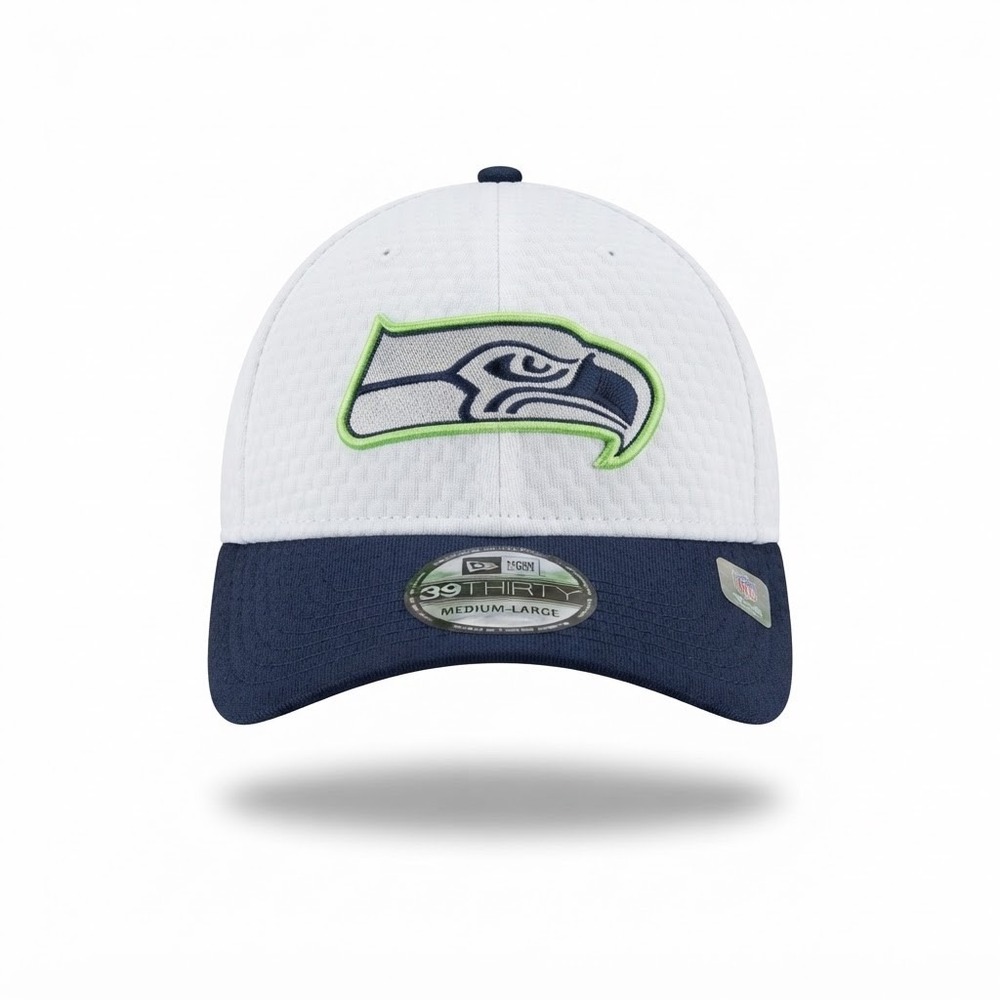 Seattle Seahawks New Era 39THIRTY Hat Mens M/L White 2024 Training NWT